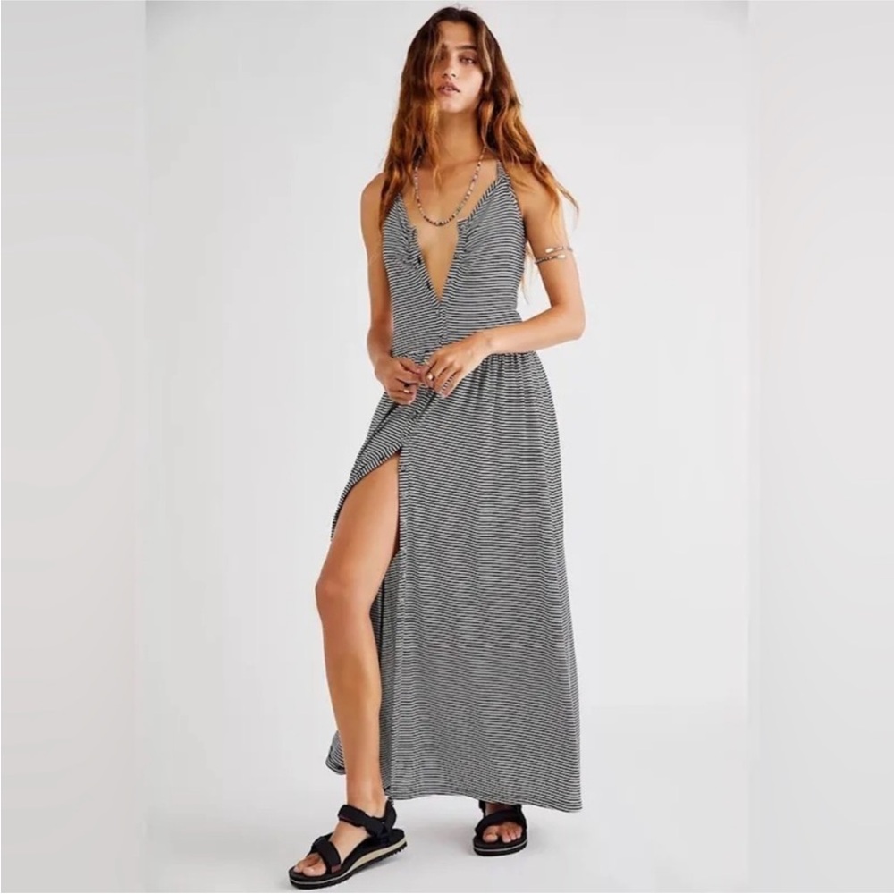 Free People Nina Black White Strip Halter Maxi Dress